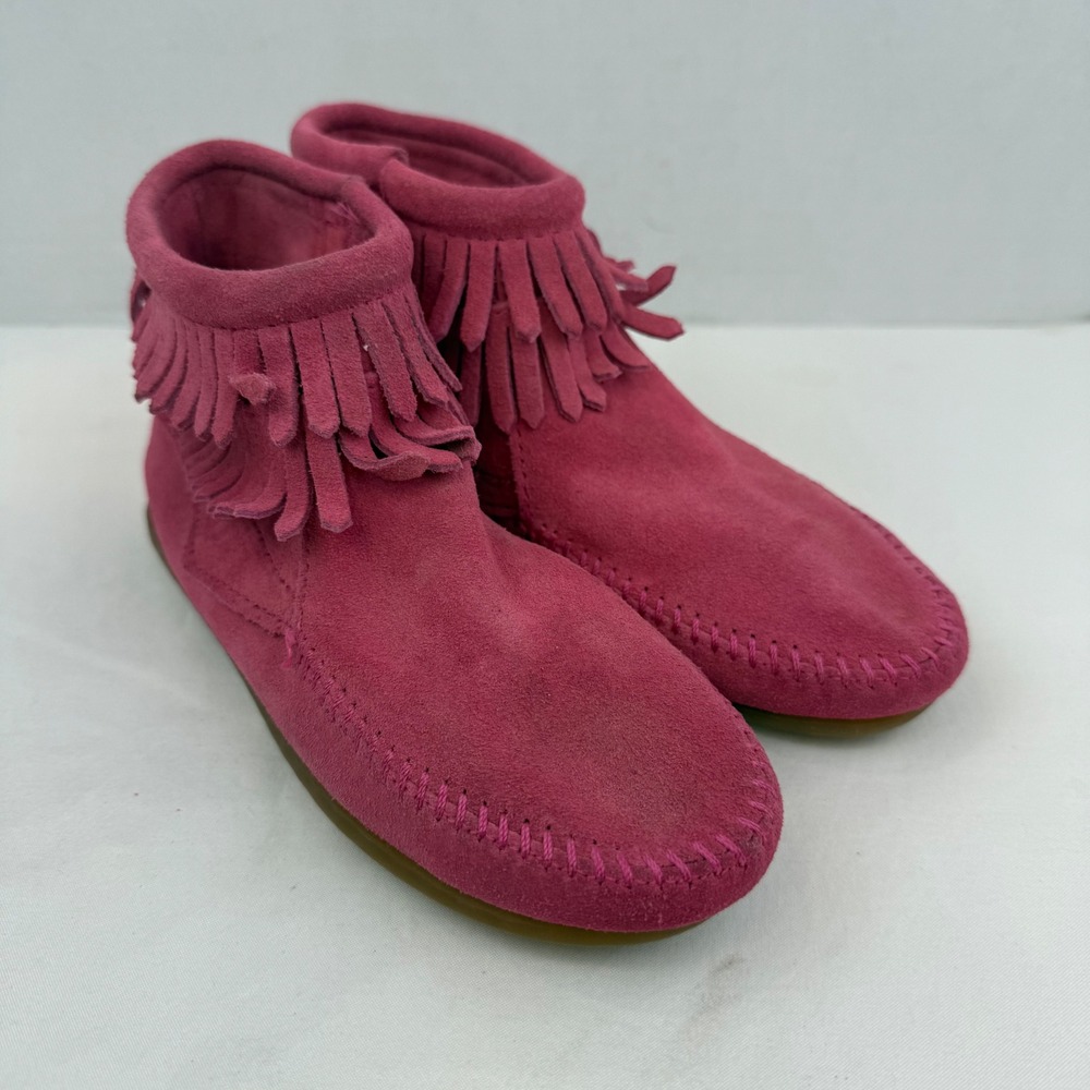 Minnetonka Kids Double Layer Fringe Moccasin Boots Pink Suede 2295 Size 3